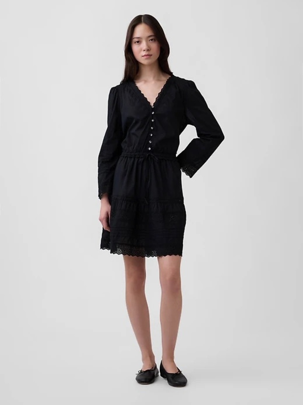 Gap Black Eyelet 3/4th Sleeve Shirt Dress Size Medium Lace Boho Cottagecore
